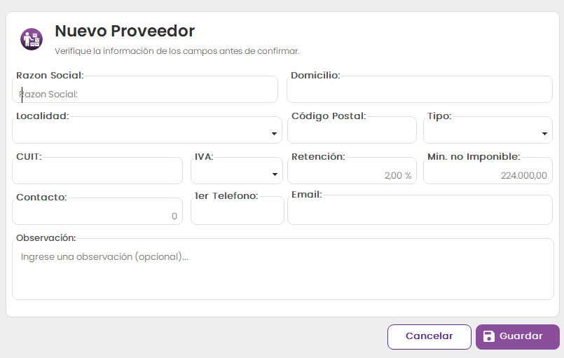 Pantalla de alta de proveedor en GLIX