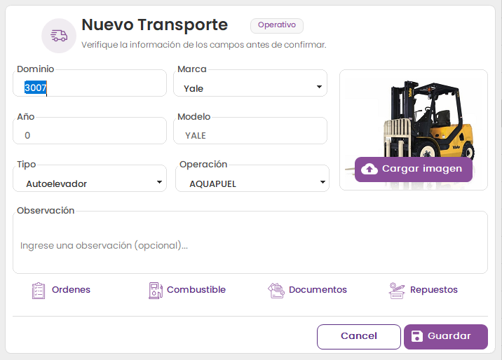 Vista de alta de transporte en GLIX con datos de muestra