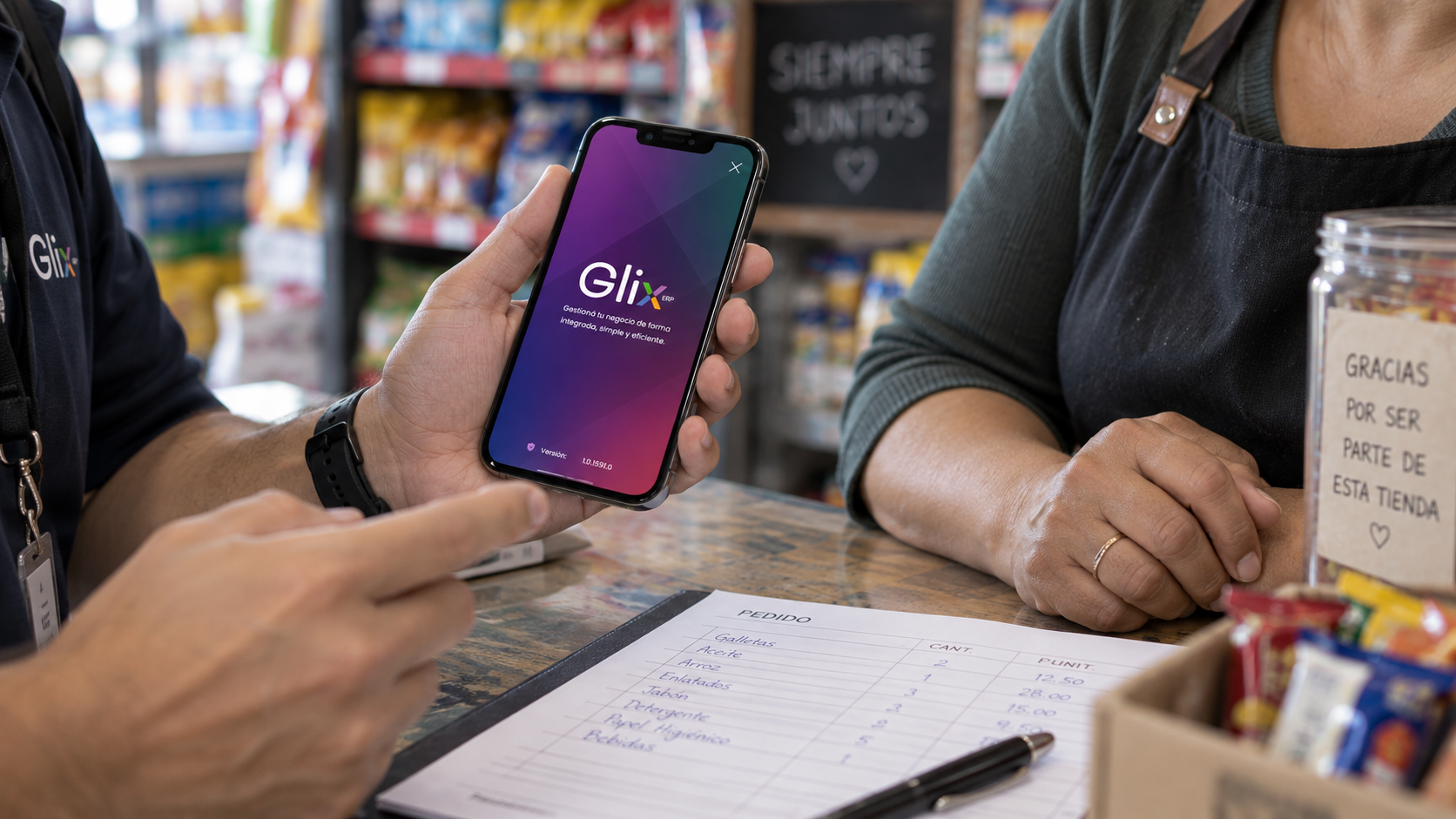 Vendedor mostrando la app GLIX durante una visita comercial